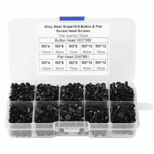 720pcs M3 Carbon Steel Black Round Head Screw Countersunk Head Flat Head Bolt Set Hex Hexagon Socket Screw Assortment Kit