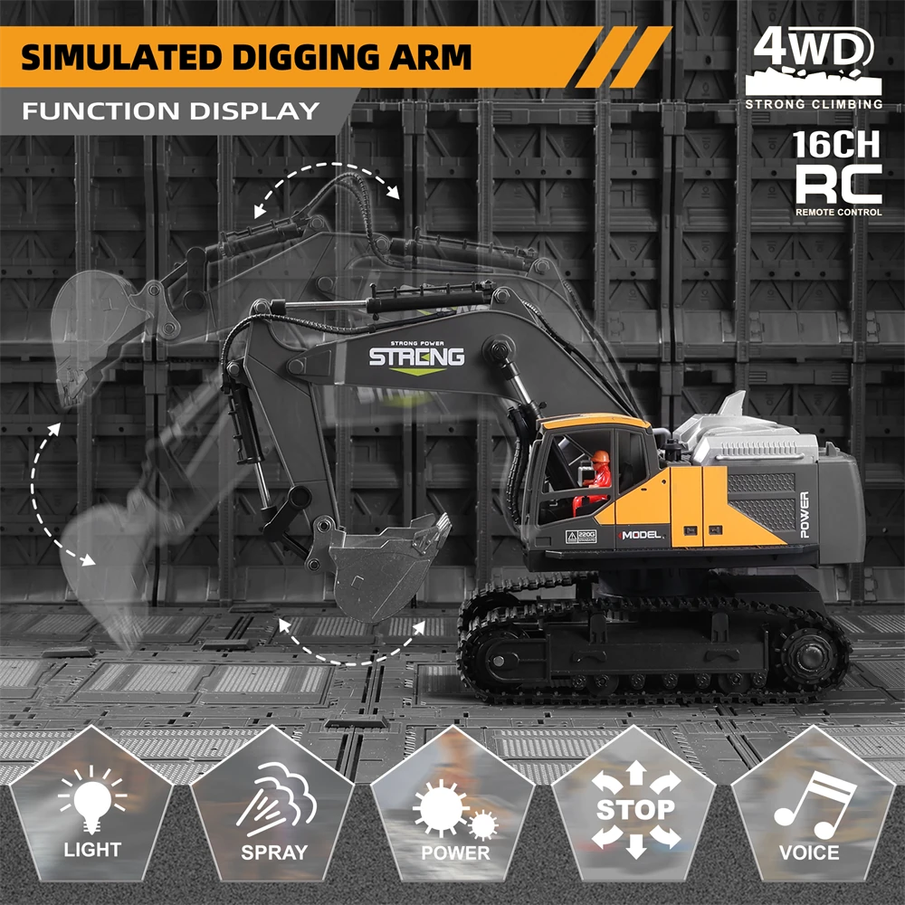 HJ Models 689-714A 1/16 2.4G 16CH RC Car Excavator Engineering Vehicles Alloy Bucket Digging 680 Rotation Spray LED Light Sound RTR Toys - Image 6