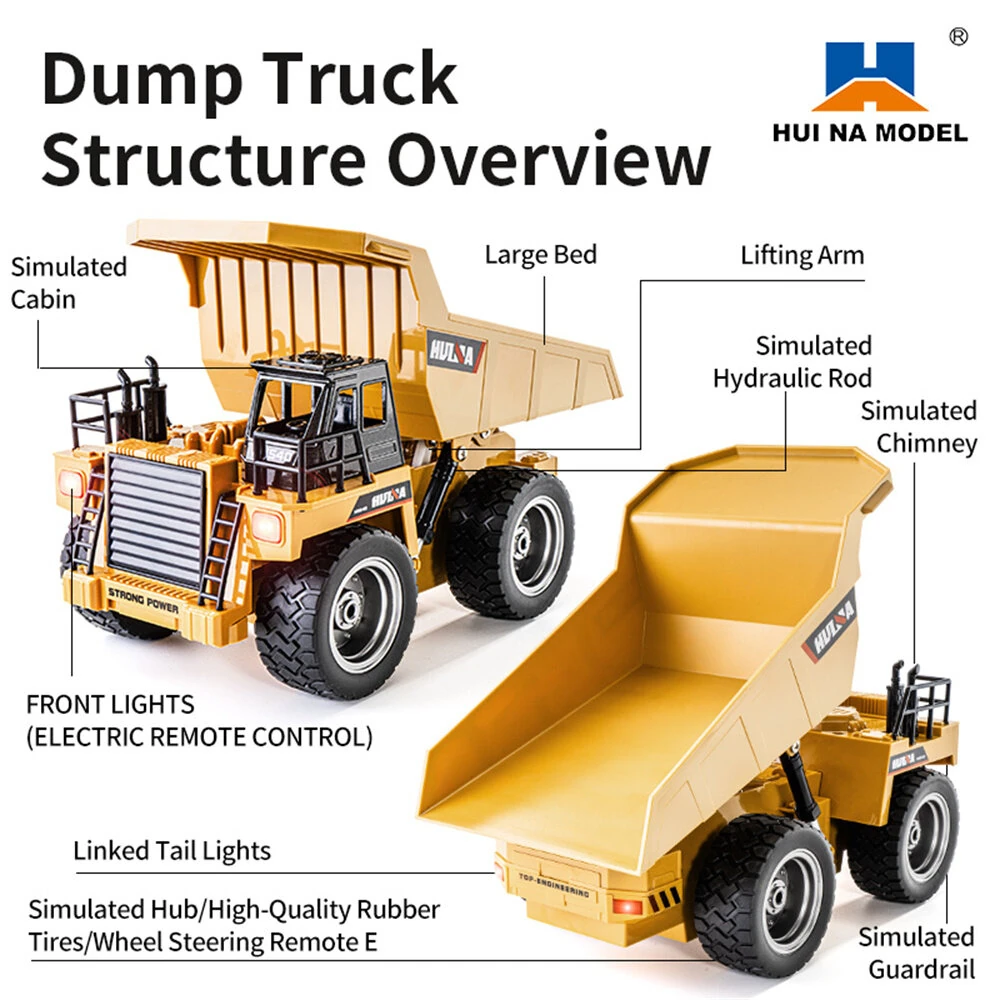 Huina Toys RTR 1534 1/18 2.4G 9CH RC Car Dump Truck Alloy Bucket Cabin LED Light Engineering Remote Control Simulation Construction Vehicles Models Children Kids Gifts - Image 4