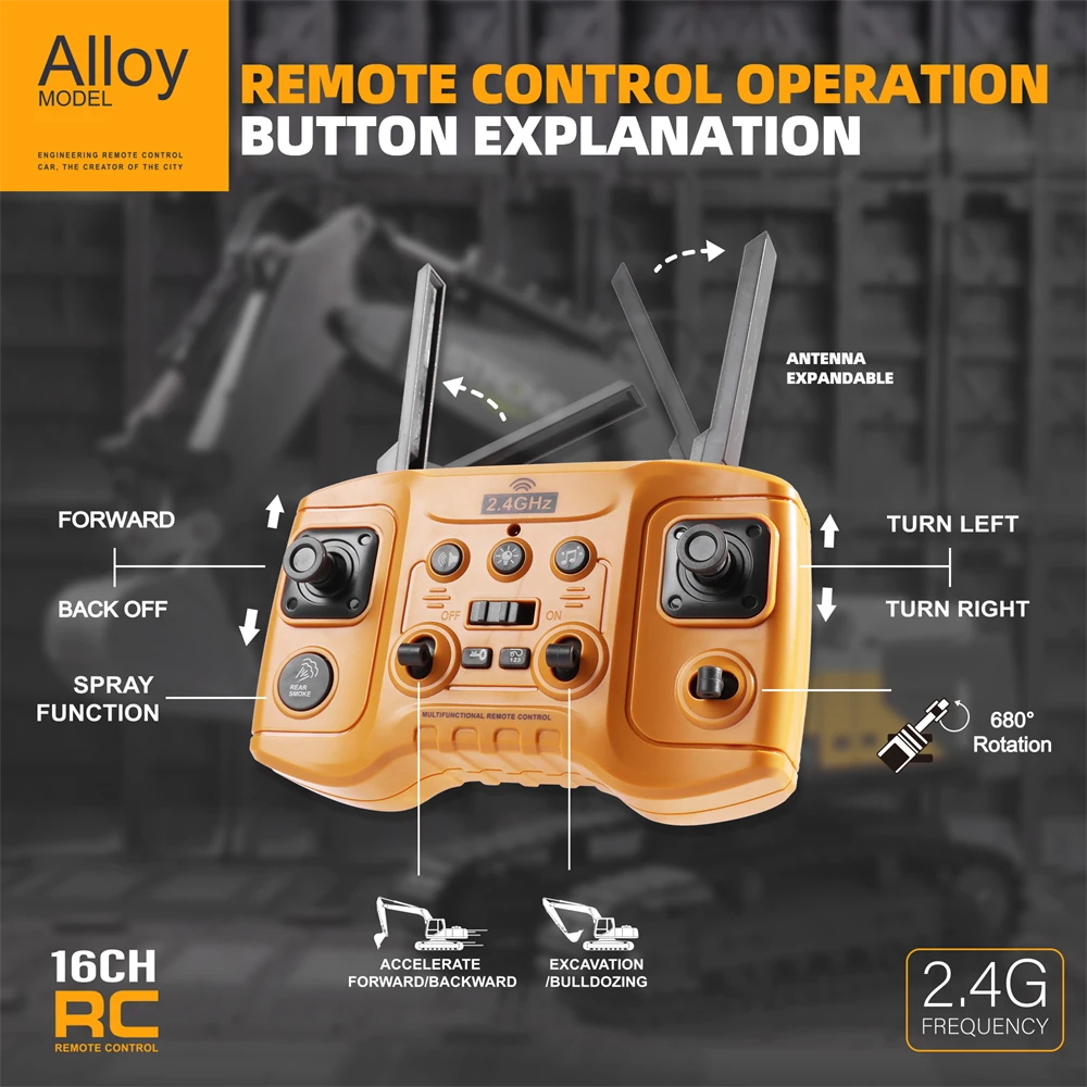 HJ Models 689-714A 1/16 2.4G 16CH RC Car Excavator Engineering Vehicles Alloy Bucket Digging 680 Rotation Spray LED Light Sound RTR Toys - Image 8