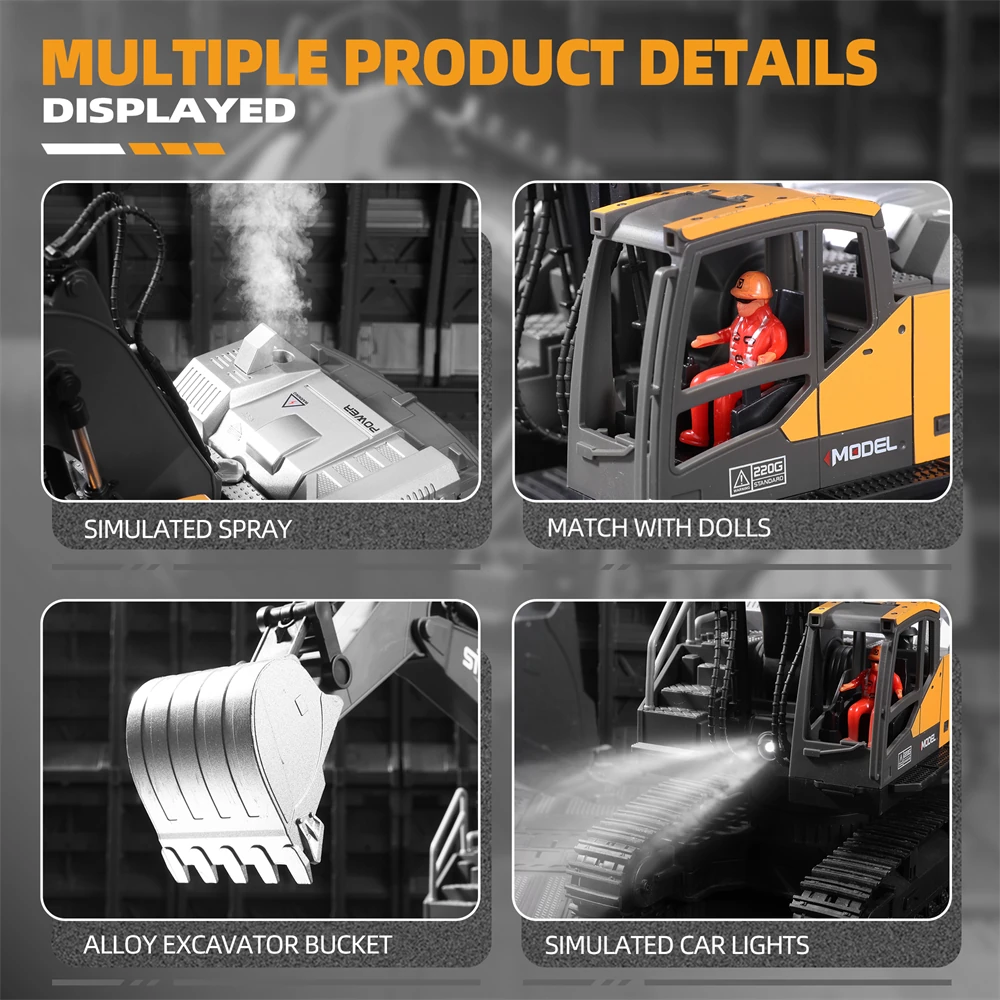 HJ Models 689-714A 1/16 2.4G 16CH RC Car Excavator Engineering Vehicles Alloy Bucket Digging 680 Rotation Spray LED Light Sound RTR Toys - Image 9