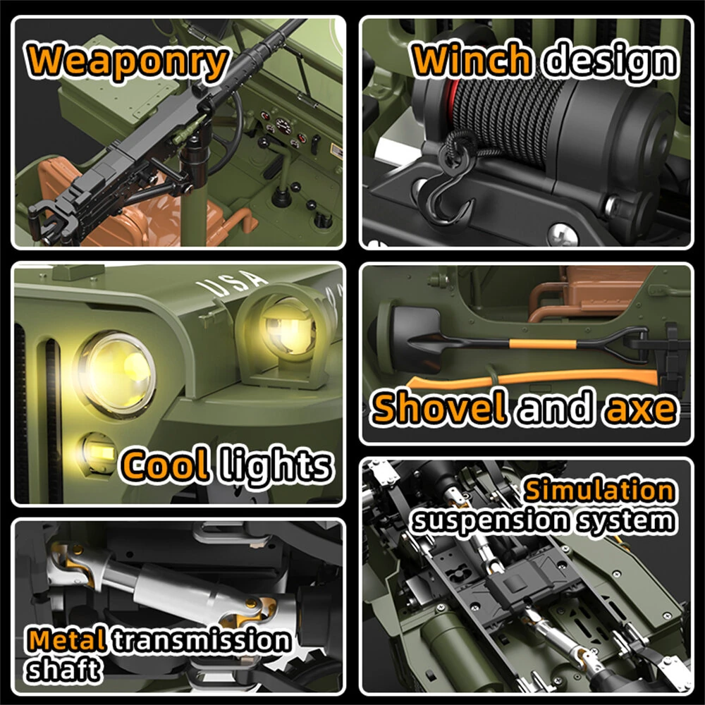 HG TRASPED HG4-58 RTR 1/14 2.4G 4WD RC Car Willys Military Truck for Jeep Off-Road Climbing LED Light Sound Winch Two Speed Metal Frame Rock Crawler Full Proportional Vehicles Models Toys - Image 9