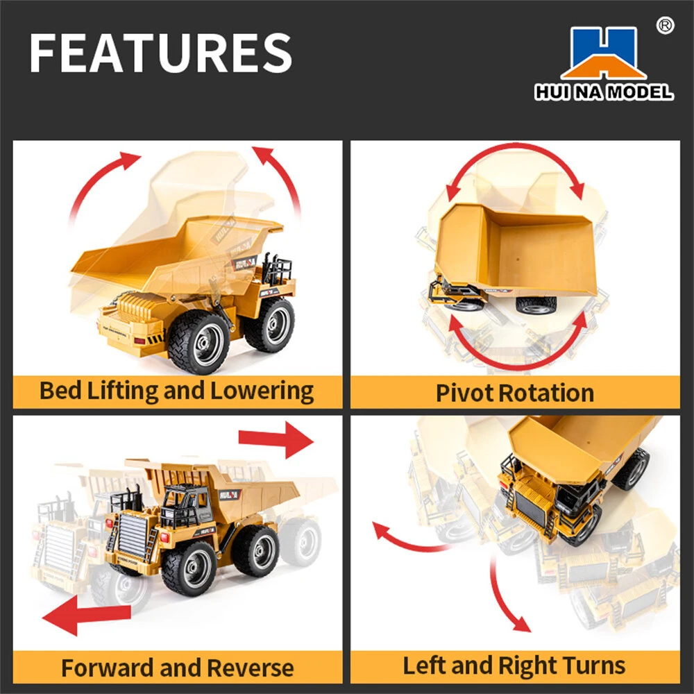 Huina Toys RTR 1534 1/18 2.4G 9CH RC Car Dump Truck Alloy Bucket Cabin LED Light Engineering Remote Control Simulation Construction Vehicles Models Children Kids Gifts - Image 5