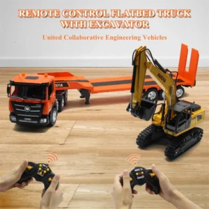 HuiNa Toys 1319 RTR 1/18 2.4G 9CH RC Car Excavator Flat Trailer Flatbed Semi Truck Remote Control Simulation Sound LED Light Engineering Construction Vehicles Models Children's Birthday Gift for Boys
